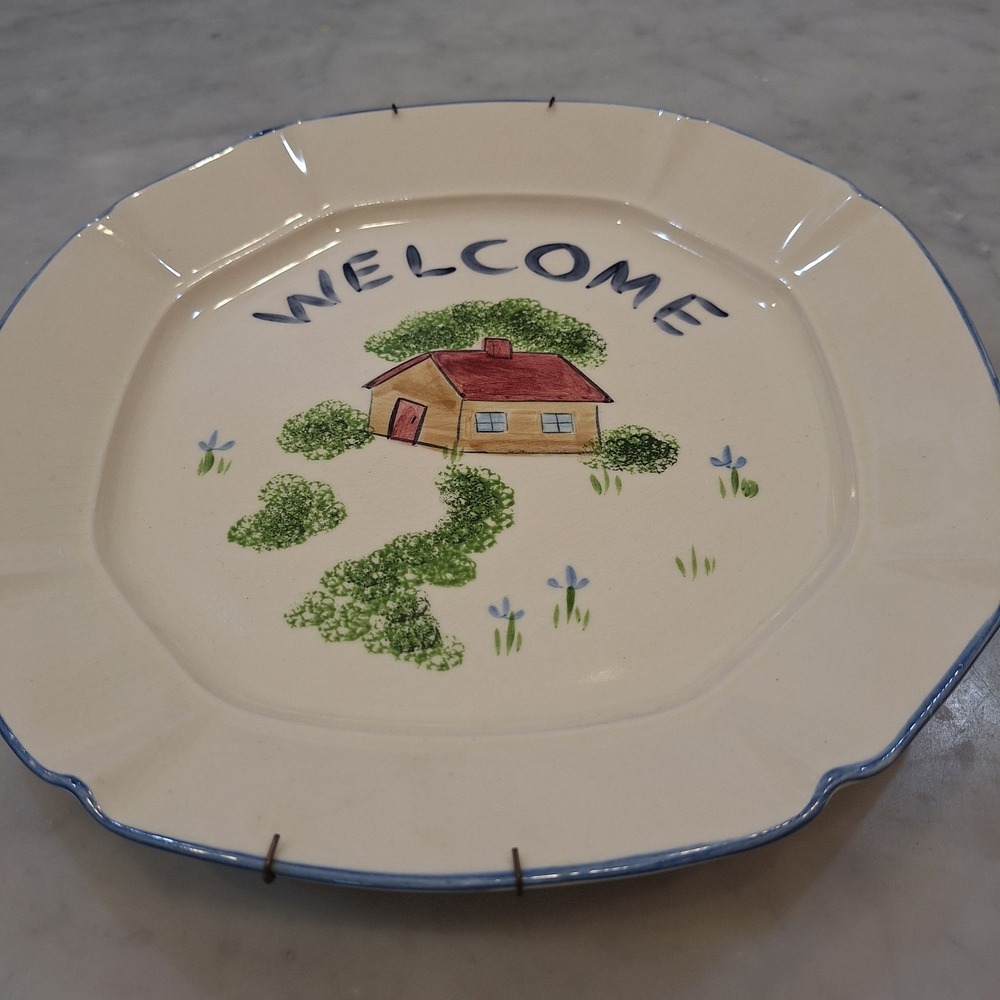 Vintage N.S. Gustin Co. Decor Wall‎ Plate 12" White Welcome Folk Art Cottagecore